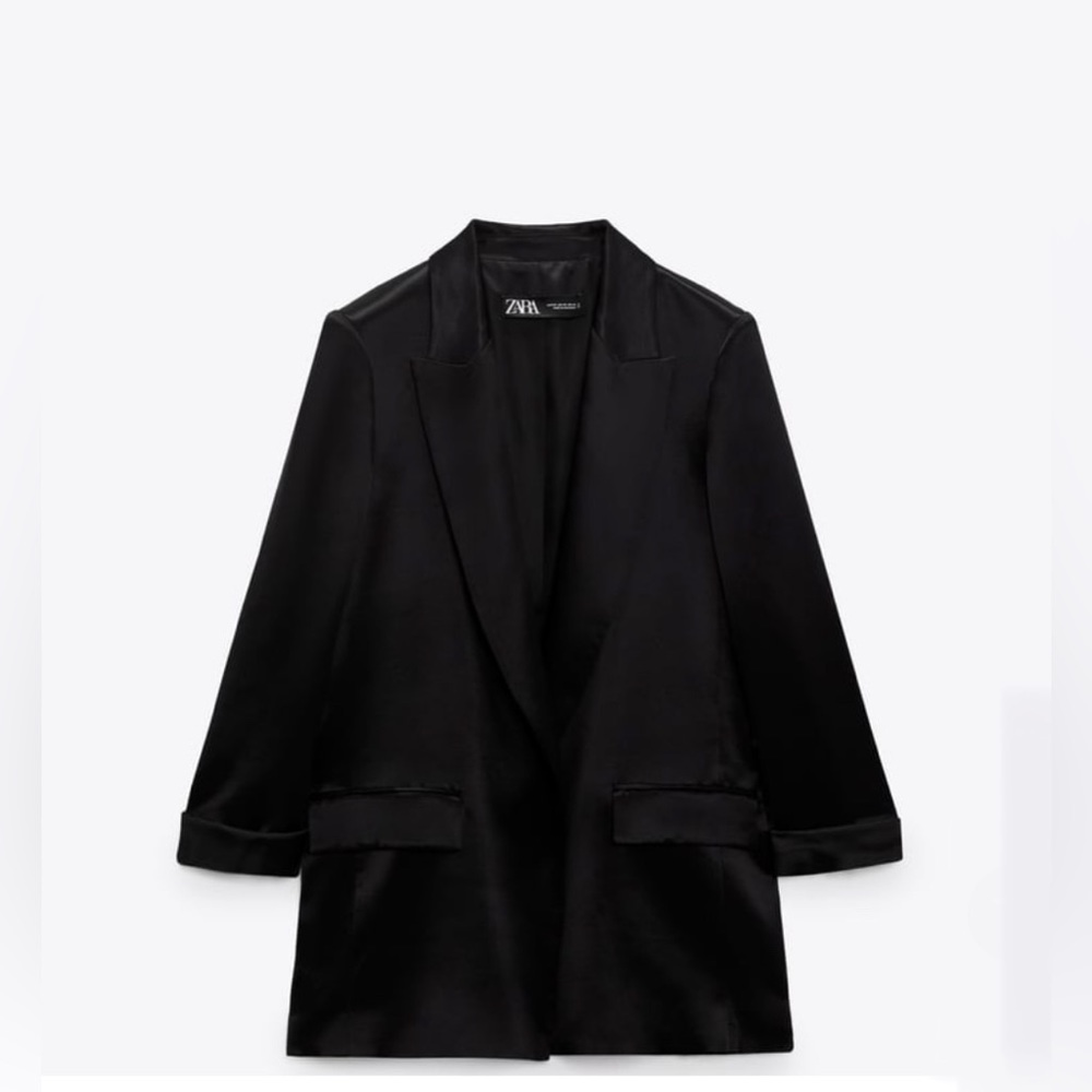 Zara Turned-Up Cuff Satin Effect Blazer Black Size S - Picture 5 of 12